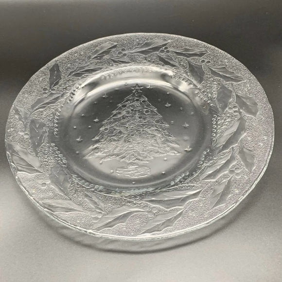 Arcoroc 5 Pcs. Holly Tree Christmas Design Dinner Plates 10.5” Clear Glass Vtg. - Picture 7 of 12